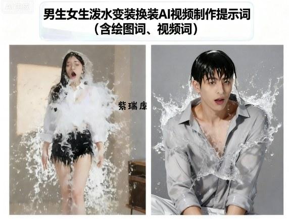 男生女生泼水变装换装AI视频制作提示词(含绘图词、视频词)-紫瑞库