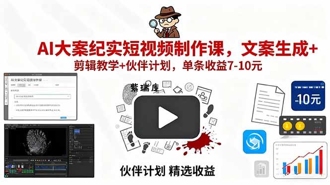 AI大案纪实短视频制作课，文案生成+剪辑教学+伙伴计划，单条收益7-10元-紫瑞库