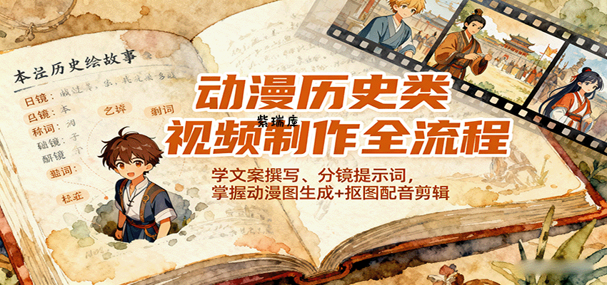 动漫历史类视频制作全流程，学文案撰写、分镜提示词，掌握动漫图生成+抠图配音剪辑-紫瑞库