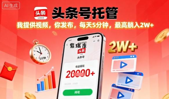 【头条号托管】我提供视频,你发布,每天5分钟,最高躺入2W+【揭秘】-紫瑞库