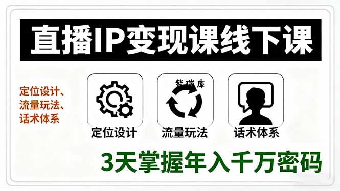 直播IP变现课线下课，定位设计、流量玩法、话术体系，3天掌握年入千万密码-紫瑞库