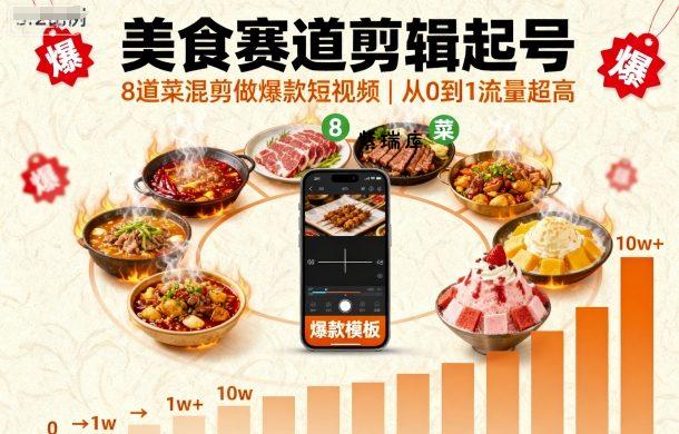 美食赛道剪辑起号，8道菜混剪做爆款短视频，从0到1，流量超高-紫瑞库