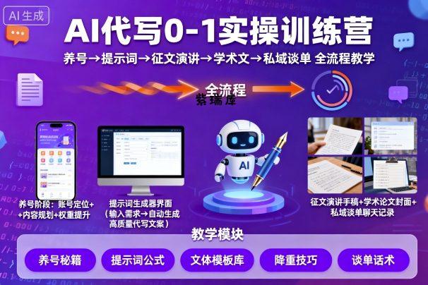 AI代写0-1实操训练营,从养号、提示词、征文演讲、学术文,到私域谈单的全流程教学-紫瑞库