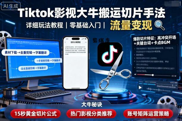 Tiktok影视大牛搬运切片手法，详细玩法教程-紫瑞库