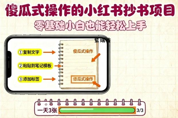 傻瓜式操作的小红书抄书项目，会复制粘贴就行，零基础小白也能一天3张-紫瑞库