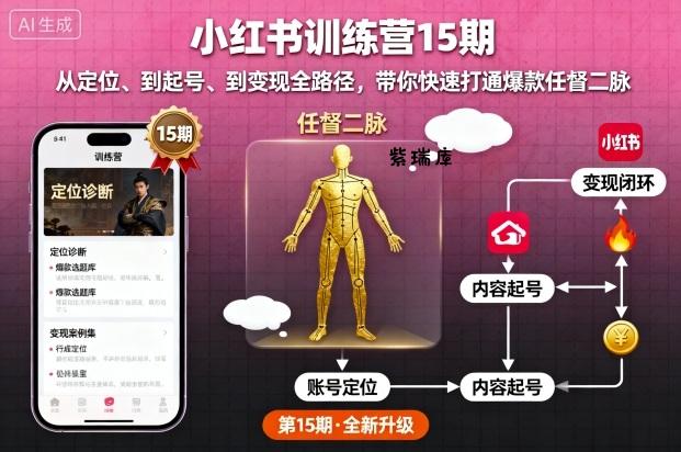 小红书训练营15期，从定位、到起号、到变现全路径，带你快速打通爆款任督二脉-紫瑞库