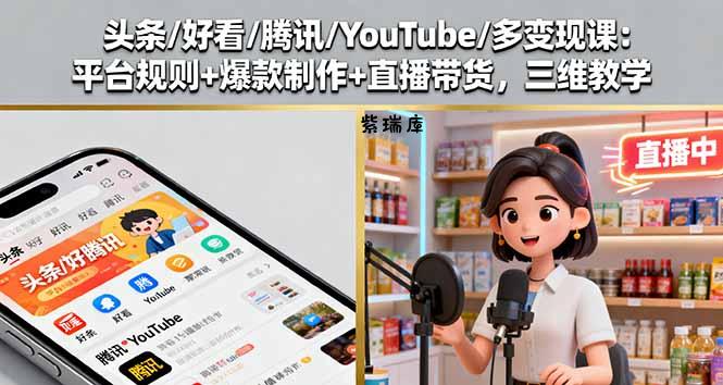 头条/好看/腾讯/YouTube/多变现课：平台规则+爆款制作+直播带货，三维教学-紫瑞库