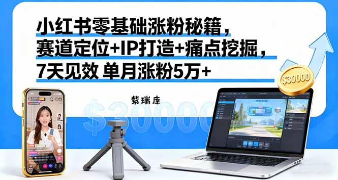 小红书零基础涨粉秘籍,赛道定位+IP打造+痛点挖掘,7天见效 单月涨粉5万+-紫瑞库