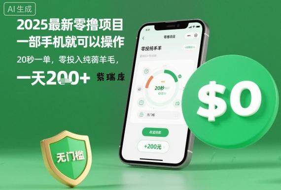 2025最新零撸项目,一部手机就可以操作,20秒一单,零投入纯薅羊毛,无门槛,一天200+【揭秘】-紫瑞库