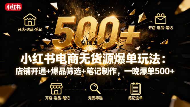 小红书电商无货源爆单玩法：店铺开通+爆品筛选+笔记制作，一晚爆单500+-紫瑞库