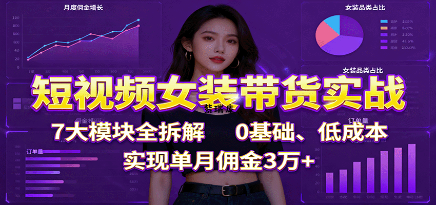 短视频女装带货实战：7大模块全拆解，0基础、低成本，实现单月佣金3万+-紫瑞库