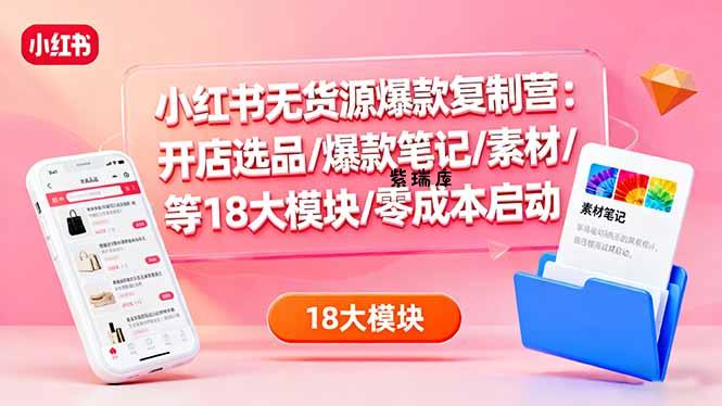 小红书无货源爆款复制营：开店选品/爆款笔记/素材/等18大模块/零成本启动-紫瑞库