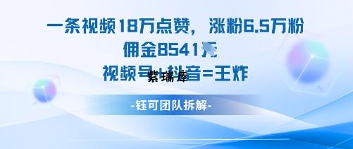 一条视频18W点赞,涨粉6.5W粉佣金8541米,视频号+抖音=王炸-紫瑞库