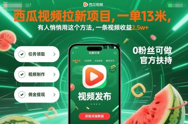 西瓜视频拉新项目，一单13米，有人悄悄用这个方法，一条视频收益2.5w+(附详细教程)-紫瑞库