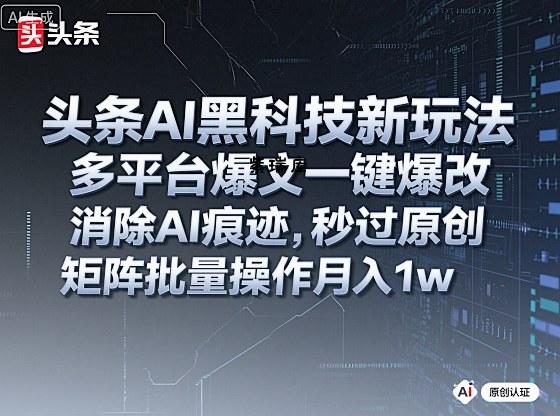 头条AI黑科技新玩法，多平台爆文一键爆改，消除AI痕迹，秒过原创，矩阵批量操作月入1w+【揭秘】-紫瑞库