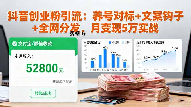 抖音创业粉引流：养号对标+文案钩子+全网分发，月变现5万实战-紫瑞库