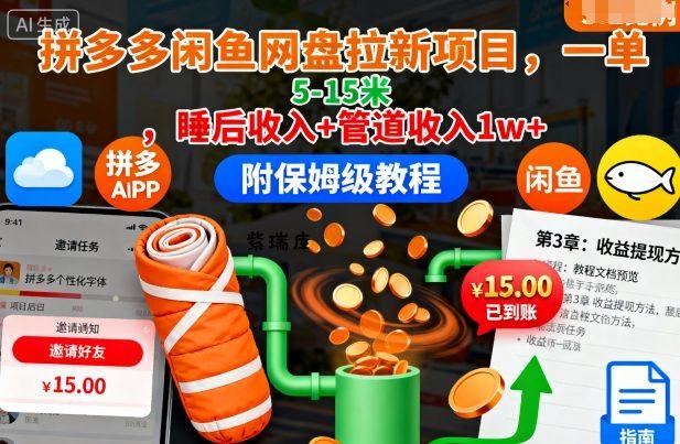 拼多多闲鱼网盘拉新项目，一单5-15米，睡后收入+管道收入1w+(附保姆级教程)-紫瑞库