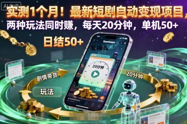 实测1个月！最新短剧自动变现项目，两种玩法同时賺，每天20分钟，单机50+【揭秘】-紫瑞库