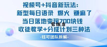 视频号加抖音新玩法：爆火新型每日语录，收徒教学加分成计划，三种变现玩法，当日变现7张-紫瑞库