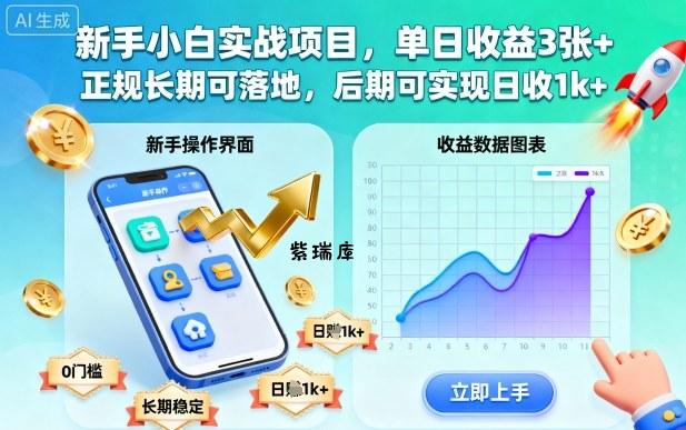 新手小白实战项目,单日收益3张+,正规长期可落地,后期可实现日收1k+【揭秘】-紫瑞库