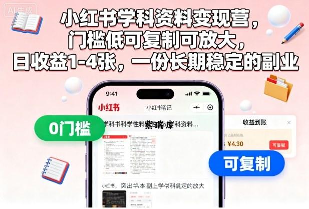 小红书学科资料变现营，门槛低可复制可放大，日收益1-4张，一份长期稳定的副业-紫瑞库