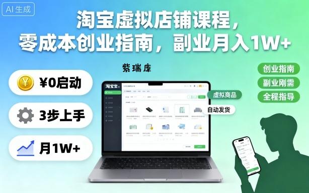淘宝虚拟店铺课程,零成本创业指南,副业月入1W+-紫瑞库